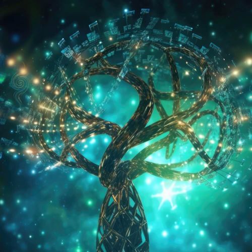 Symbolic image of a luminous tree in turquoise and gold representing Jennie’s presence, stability, and nervous system calibration in Livsintelligens.