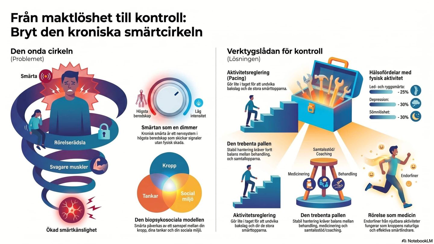 Bild visar schematisk hur man bryter smärtcirkeln vid kronisk smärta