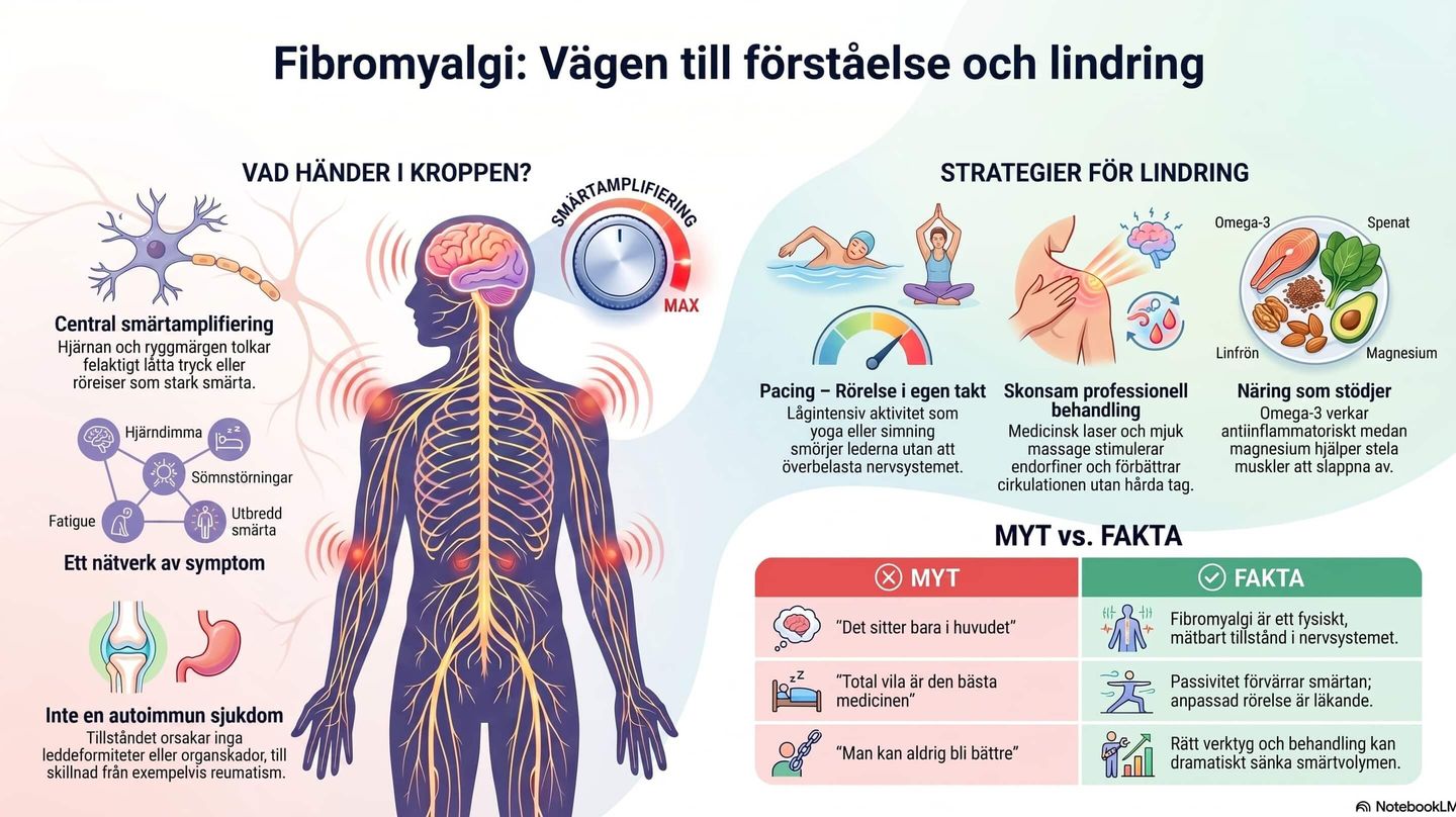 Bilden visar symptom av fibromyalgi och strategier för lindring