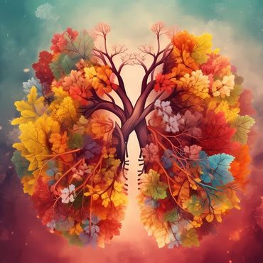 Illustration av ett träd format som lungor i varma färger som symboliserar balans, livskraft och kroppens självläkande förmåga inom kinesiologi.