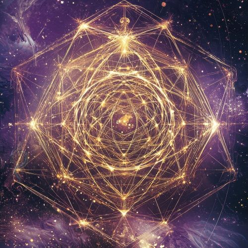 Gyllene geometrisk struktur i lila och kosmisk bakgrund som symboliserar klarhet, stillhet och process i egen takt.