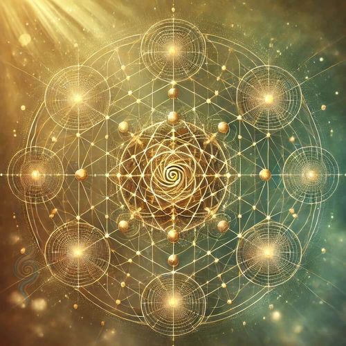 Gyllene geometrisk mandala med spiral i centrum som symboliserar närvaro och samspel i Livsintelligens.