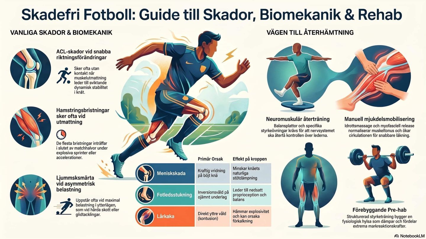 Bilden visar typiska skador inom fortboll och vikten av prehab