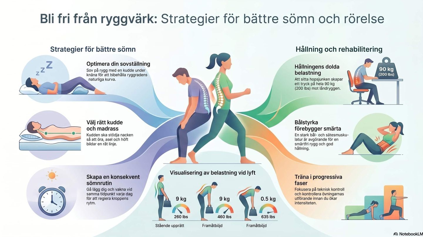 Diagram som visar hur kompressionskraften på ländryggen ökar dramatiskt beroende på lyftteknik, från 170 lbs vid ett lyft nära kroppen till 635 lbs när man böjer ryggen och lyfter med utsträckta armar.