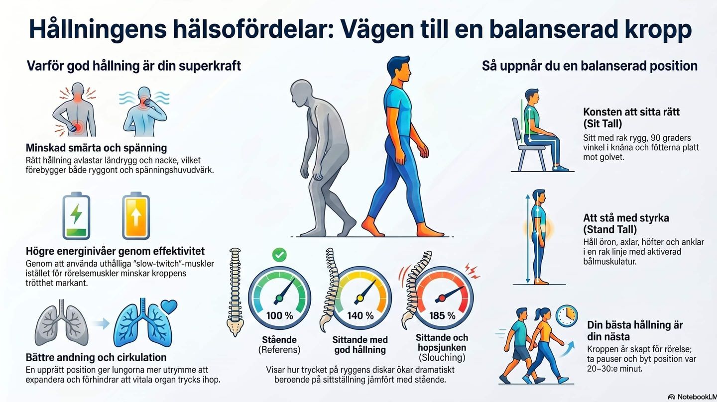 En person i profil som står upprätt med god, balanserad hållning och avslappnade axlar mot en ljus bakgrund.