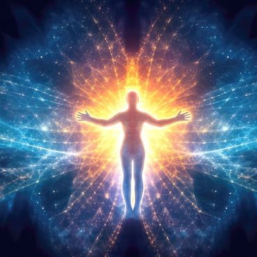 Ljusgestalt i mänsklig form med utsträckta armar, omgiven av ett strålande energifält.