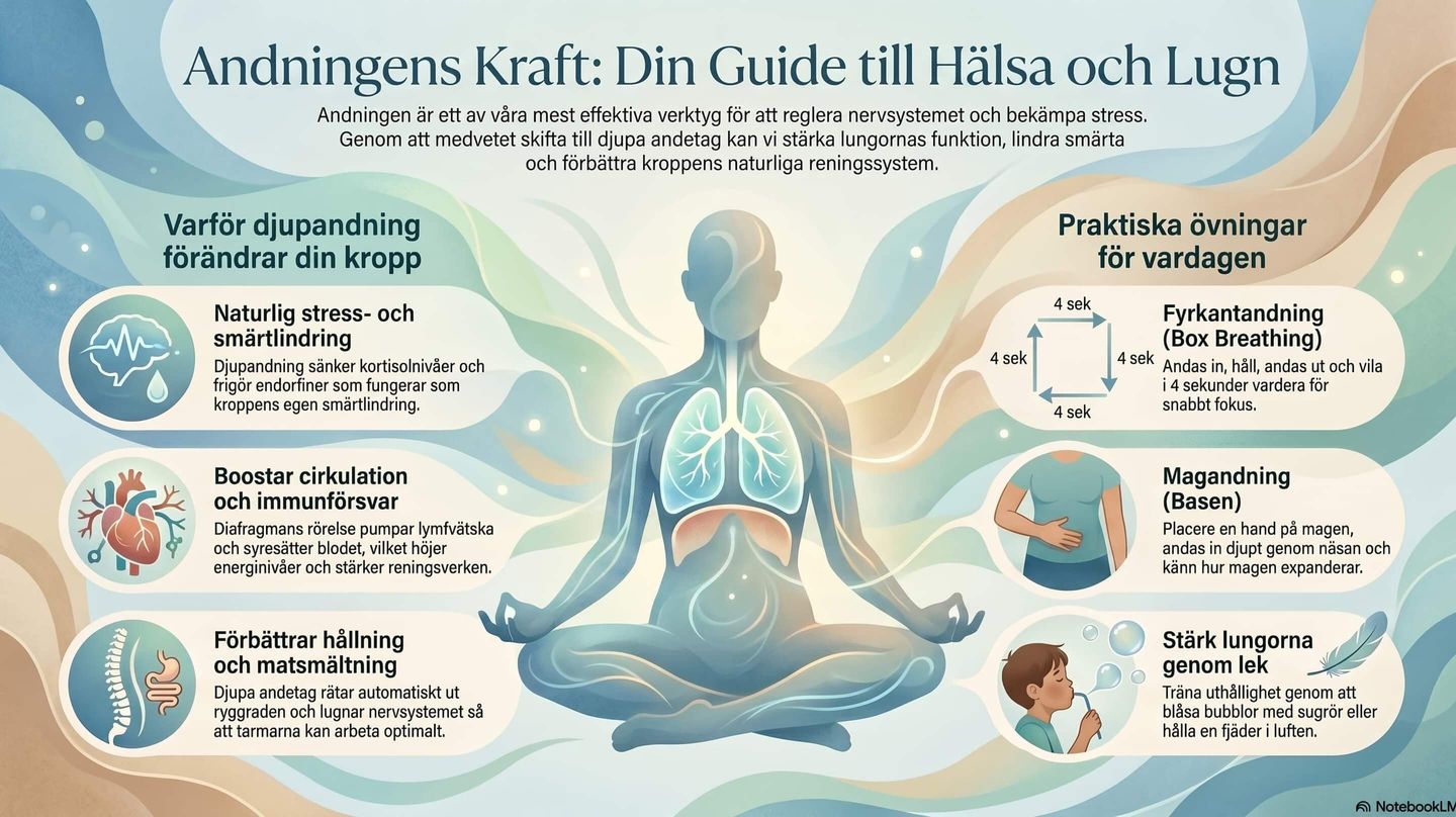 Bilden visar olika andningsövningar för hälsa och lugn