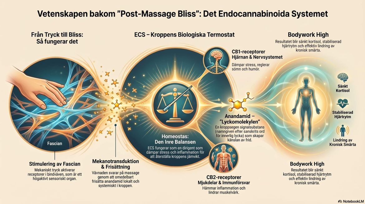 Bilden visar hur massage påverkar det endocannabinoida systemet som ger homeostas