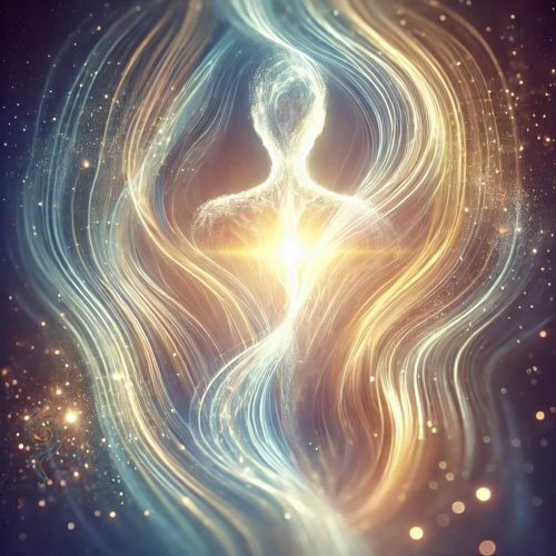 Luminous figure in flowing motion with golden light in the chest — symbolising inner transformation and the experience after a meeting in Livsintelligens.