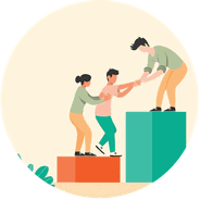 Colleagues helping each other step up, symbolizing support and progress.