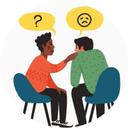 Two people in conversation, with supportive body language and emotional expression.