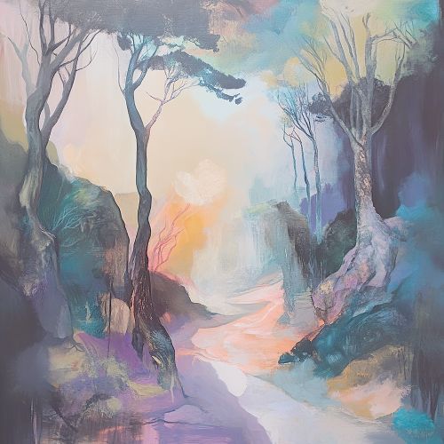Mjukt abstrakt målning av en skogsstig i dämpade pastellfärger med träd, dimma och ett ljus som öppnar sig längst bort – symboliserar inre vägledning och själslig resa.