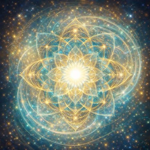 Geometric light pattern in gold and turquoise symbolising inner clarity and Livsintelligens.