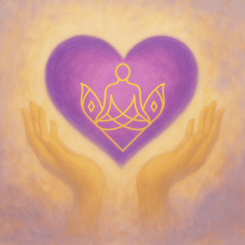 Pastellfärgad illustration med en stiliserad sittande figur i linjeteckning och ett hjärtformat symbolmotiv på bröstet.