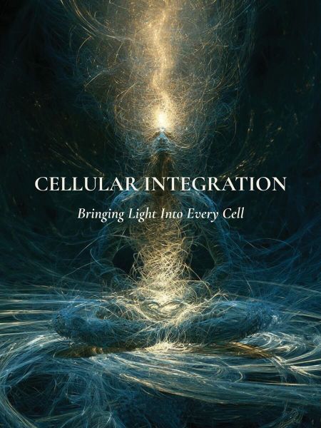 Omslag till meditationen Cellular Integration med en sittande, mediterande gestalt omgiven av virvlande blå och gyllene ljusströmmar.