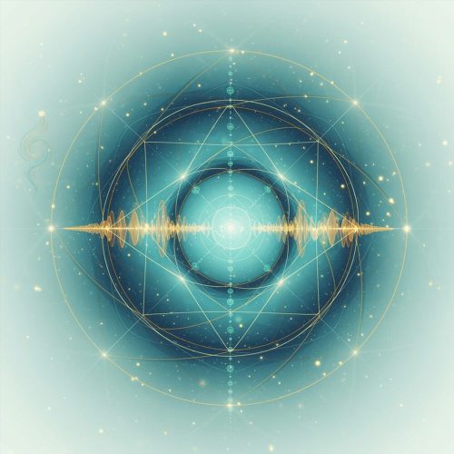 Geometric symbol in turquoise and gold with light waves at its center, representing presence, resonance, and inner clarity in Livsintelligens.