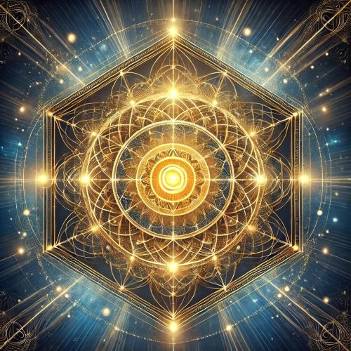 Symmetrisk hexagonal ljusgeometri i guld och blått med lysande centrum, symbol för samlad närvaro och stabilitet.