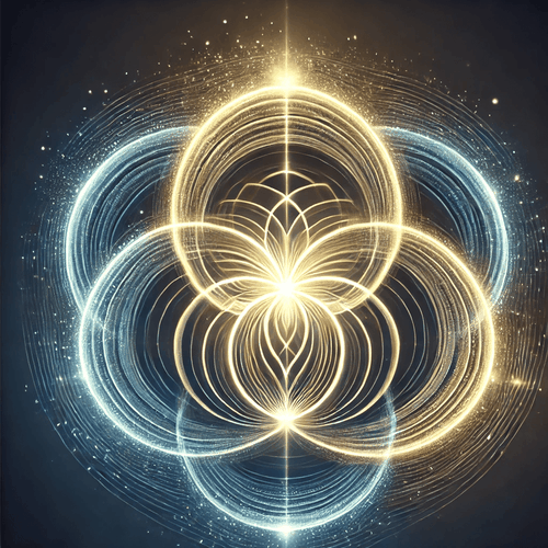 Abstract geometric light pattern in gold and pale blue, with interwoven circles against a dark background.