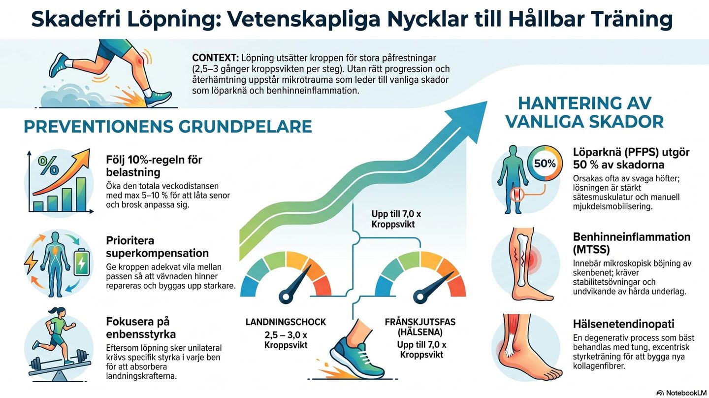Bilden visar schematiskt hur styrketräning förebygger löparskador