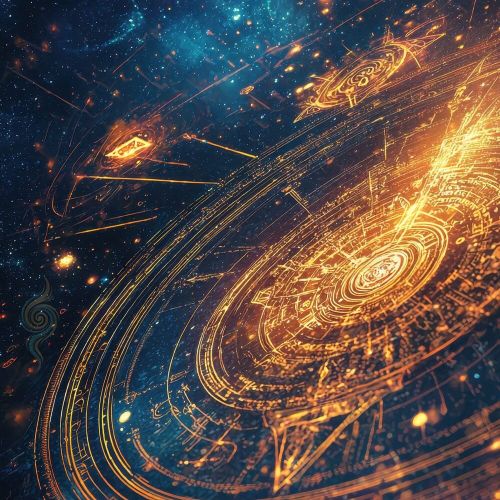 Cirkulär gyllene geometri i blå kosmisk bakgrund som symboliserar struktur, stillhet och organisering i egen takt.