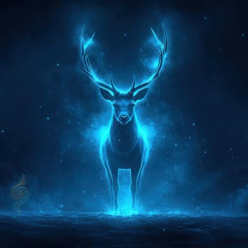 Glowing deer in blue light, symbolising a portal and quiet presence in Livsintelligens.