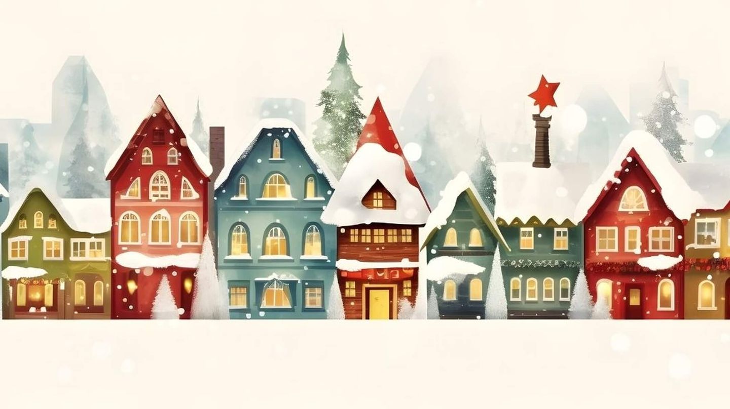 Tecknade hus på rad men snör och juldekorationer