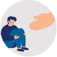 A person sitting with emotional distress, receiving a helping hand.