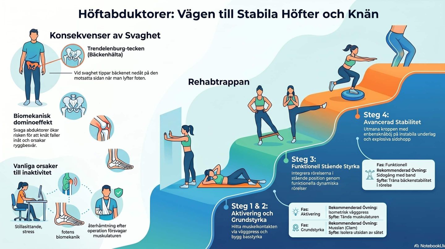 Bilden visar vikten av höftstabilitet och hur man stärker dom