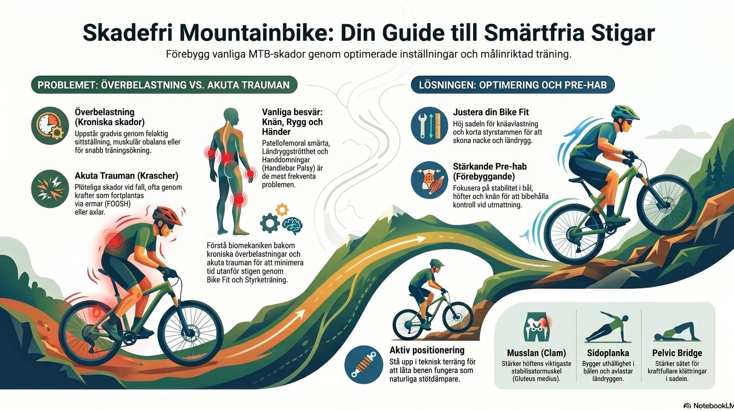 Bilden visar vanliga skador och hur man förebygger dom med rätt träning för mountainbike