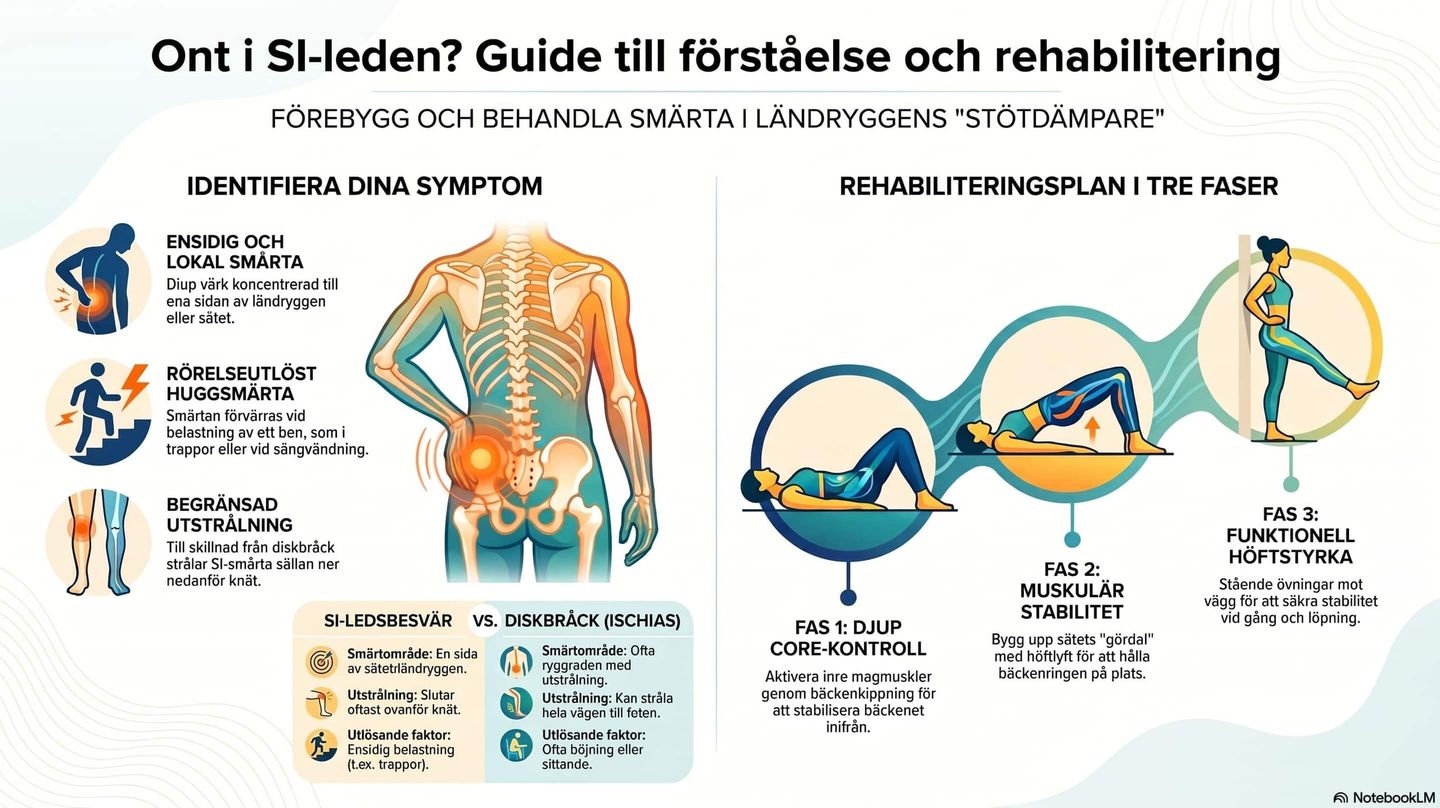 Bilden visar typisk SI-led symptom och rehabilitering