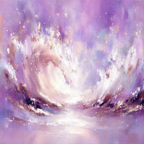 Abstrakt målning i lila och rosa toner som liknar en våg av ljus och energi, symboliserande inre kraft, klarhet och transformation.