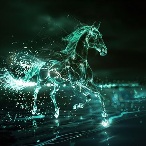 Glowing green horse in motion against a dark background, symbolising nervous system regulation and released energy in Livsintelligens.