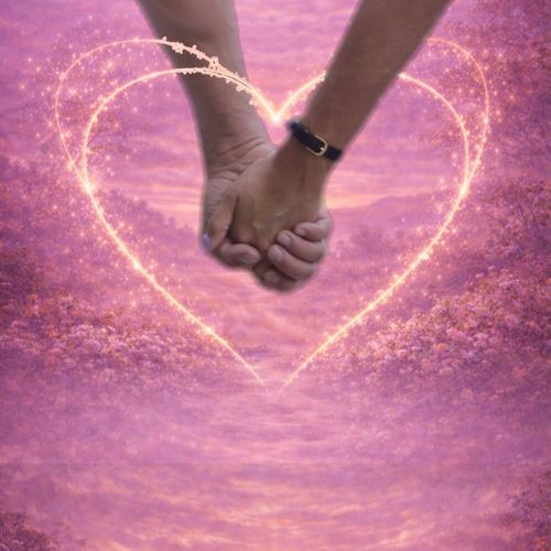 vå händer som håller varandra, omslutna av ett lysande hjärtformat ljus, som symboliserar relation, samhörighet och Human Design-koppling.