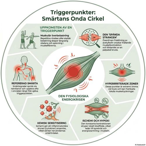 Medicinsk illustration av en aktiv triggerpunkt i en muskel med strålande myofasciell smärta.