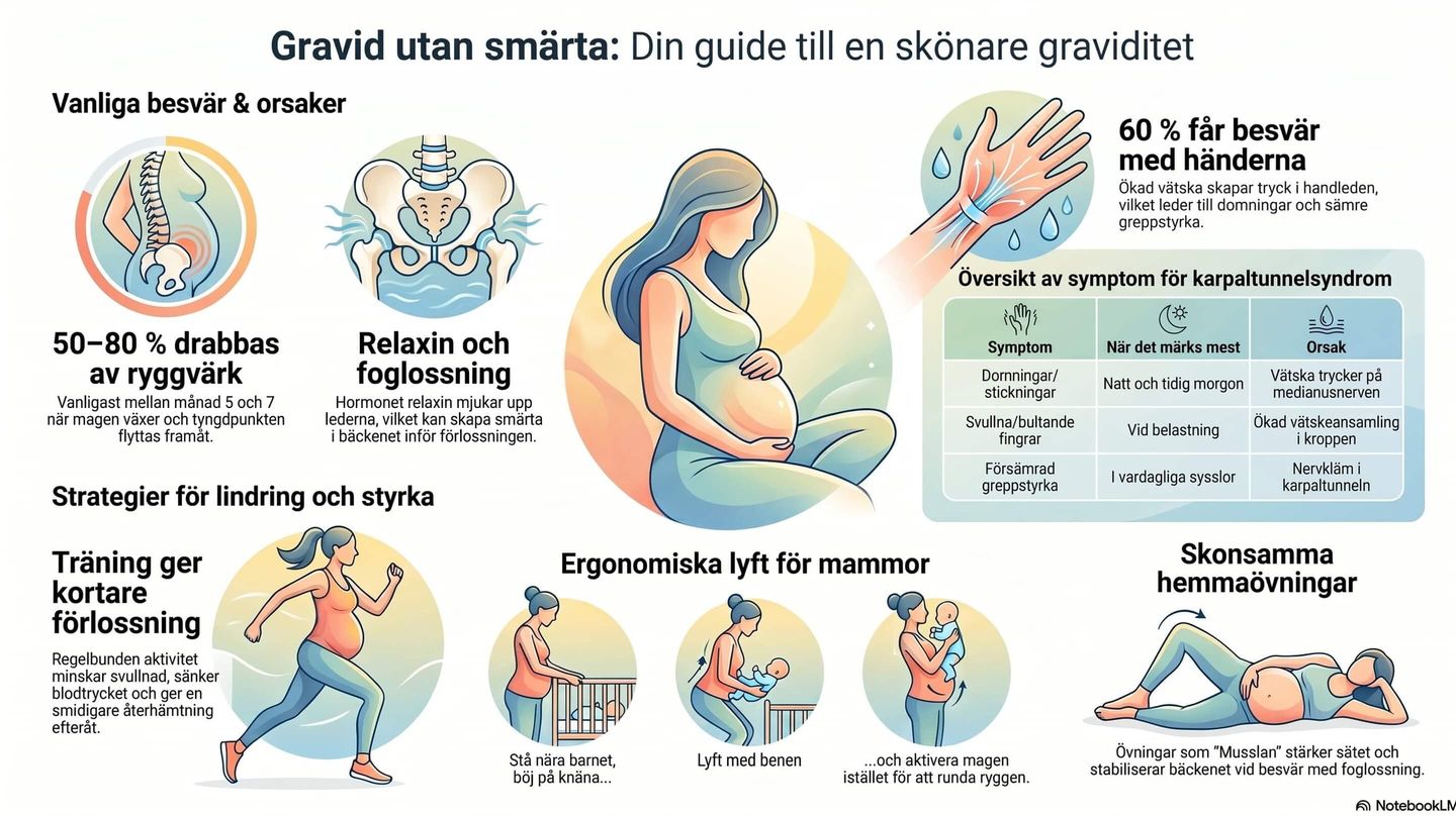 Bilden visar typiska problem och lösningar under en graviditet
