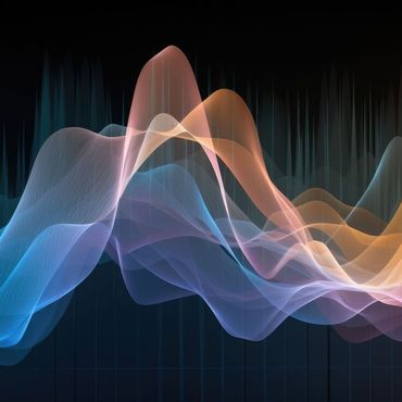 Abstrakta vågformer i mjuka färger som visualiserar energiflöde och frekvenser.