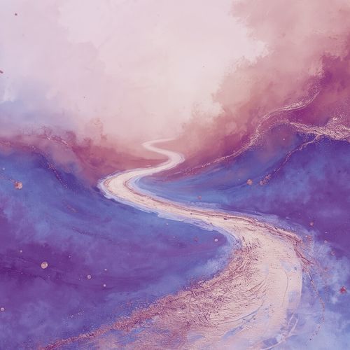 Akvarellmålning i mjuka pastellfärger som visar en ljusande stig som slingrar sig genom violetta och rosa berg, med ett varmt ljus i horisonten.