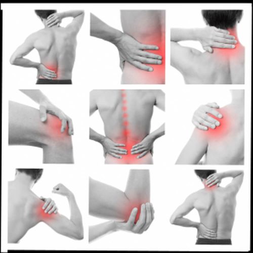 Illustration som visar behandling av smärta i axel, armbåge, nacka, knä och hälsena med medicinsk laser i göteborg.