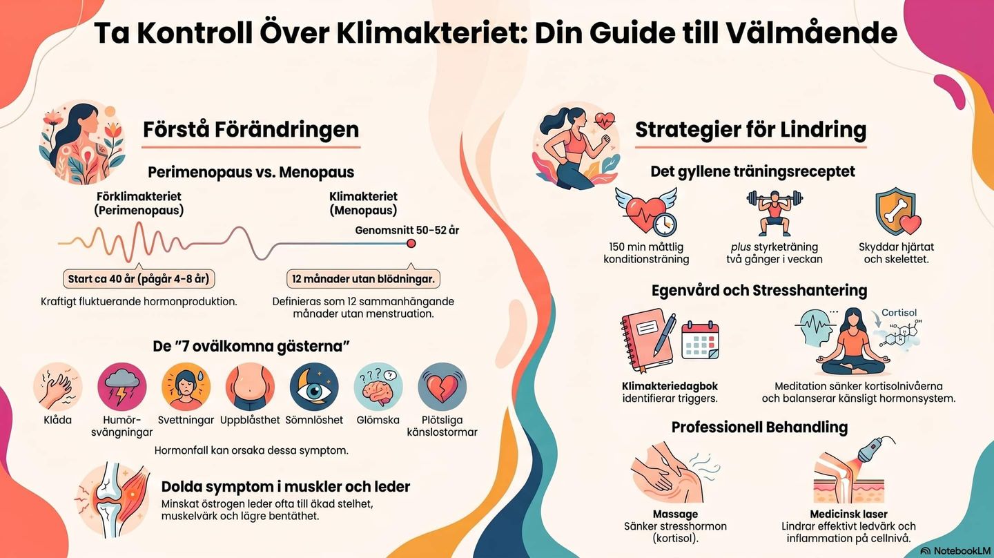 Bilden visar förändringar under klimakteriet och tips på strategier för välmående