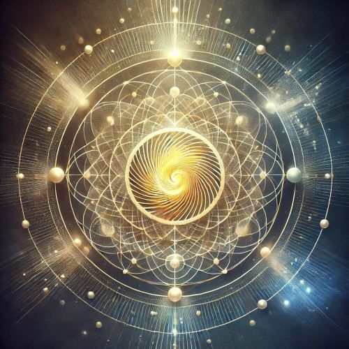 Abstrakt geometriskt motiv i guld och blått med en lysande spiral i centrum.