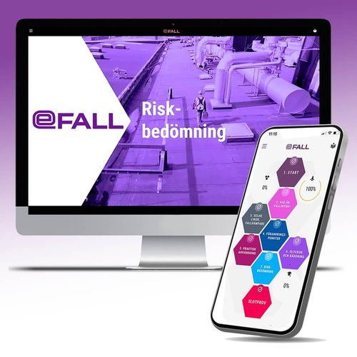eFall fallskyddsutbildning visas på en desktop-skärm och en mobilskärm