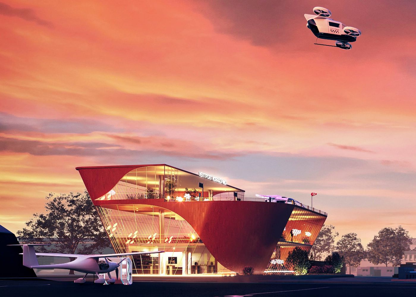 Illustration av ett futuristiskt flygplatsterminal med elflygplan och drönartaxi i luften vid solnedgång