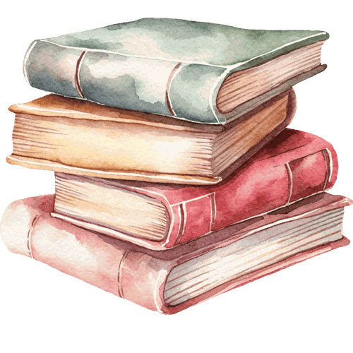 Aquarellmålning av en stapel böcker i mjuka pastellfärger.
