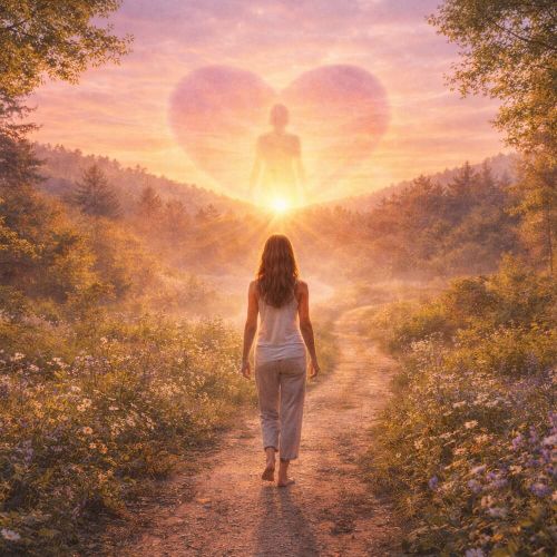 En kvinna går barfota längs en skogsstig mot ett varmt ljusformat hjärta – en symbol för inre ledarskap, närvaro och att hitta hem till sitt sanna jag.